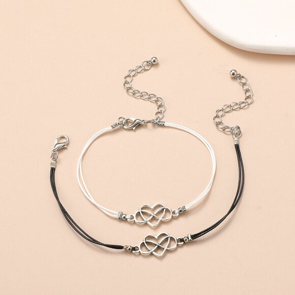 3/$35 2 Pcs Set Heart Infinity String Bracelets Rope Black & White Jewelry - Picture 6 of 6